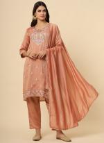 Silk Blend Peach Casual Wear Embroidery Work Readymade Kurti Set